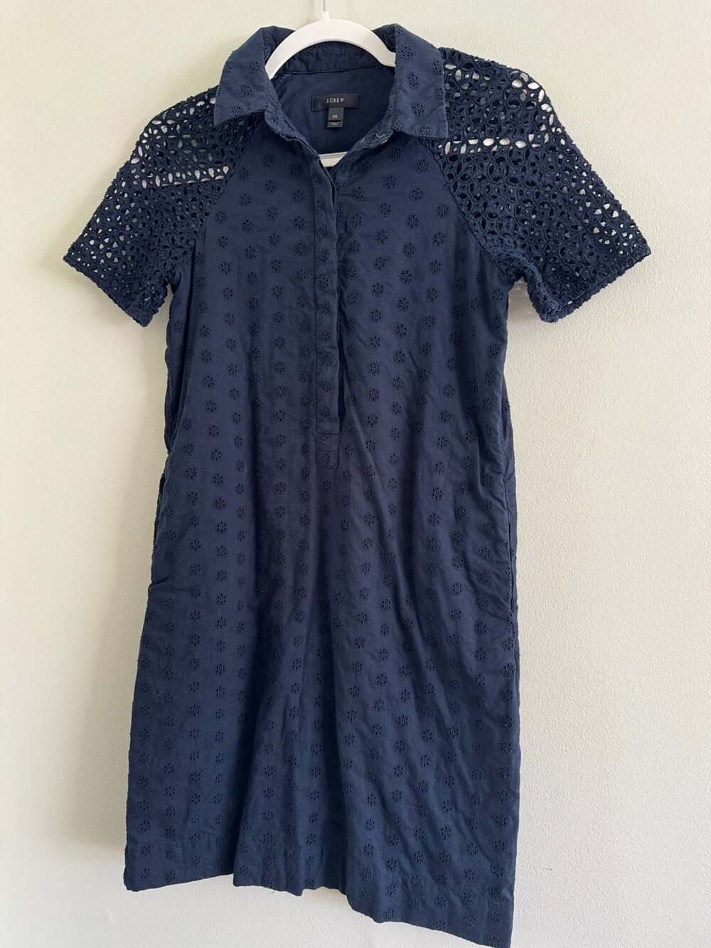J. Crew Navy Blue Eyelet Lace Shirt Dress Style A3930 Size 00